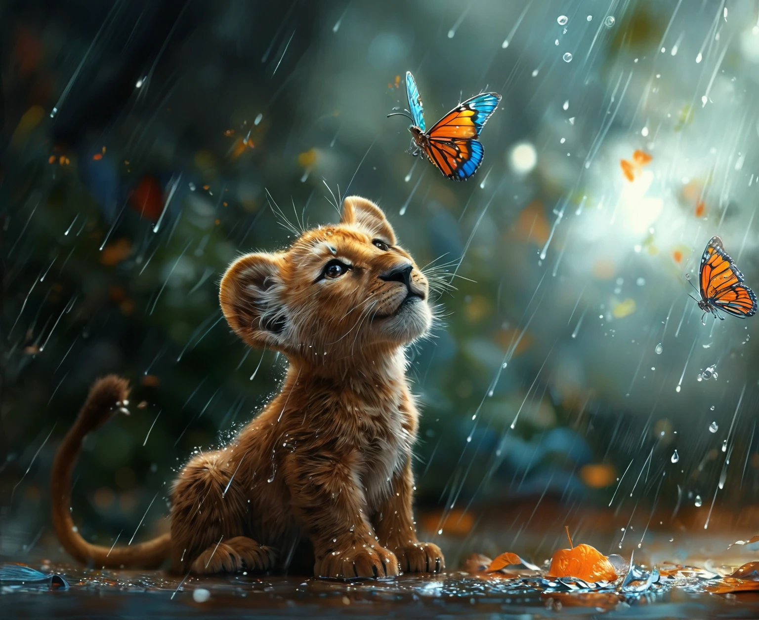 there is a little lion cub sitting in the rain with butterflies flying around, Adorable digital painting, beautiful artwork digital, beautiful digital art detallado, Highly detailed 4k digital art, beautiful digital painting, very detailed digital painting, beautiful digital art, very detailed digital painting, Beautiful work of art, ultra realistic 3d illustration, beautiful artwork, realistic illustration, impressive work of art, amazing art