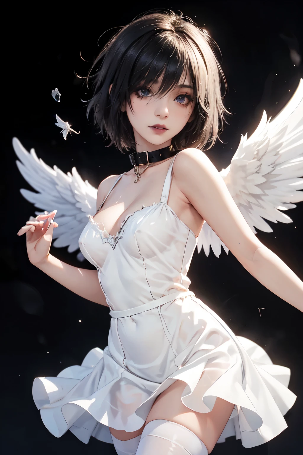 emo_hairstyle, black lipstick, smocky eyes, collar, eyeliner, eye shadow, realistic lighting, short hair, seductive look, Shiny skin, white dress, angel, transparent wings, Short skirt, thighhighs. Flying, silk dress, medium breast.