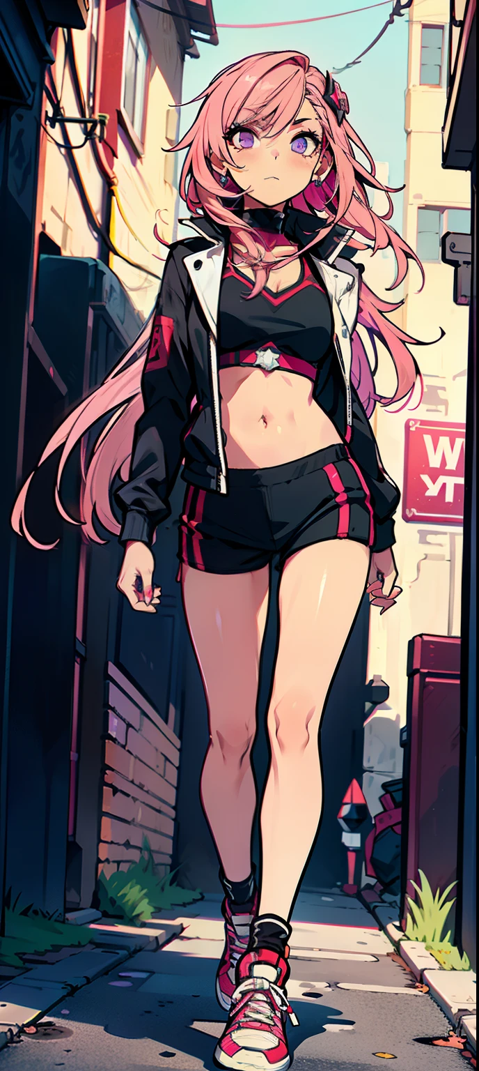 (masterpiece, best quality, 1girl, solo, intricate details, chromatic aberration), realistic, ((medium breath)),long hair, pink hair, red head ornament, pink highlights, hair over one eye,purple eyes, earrings, sharp eyes, choker, neon shirt, open jacket, crop top, (symmetry eyes),(perfect symmetrical body),against wall, brick wall, graffiti, dim lighting, alley ,look at viewer, woman at a gym, cute, front Pose, fitness girl, standing, erect Pose, symetrical, fitness model, skinny, Red sneakers, best qualityer, relaxed arms, hands down, ankle, fullbody view, stand straight with your back upright. Keep your shoulders back and maintain a straight line from your head to your feet, symmetrical frontal view, face aligned,
