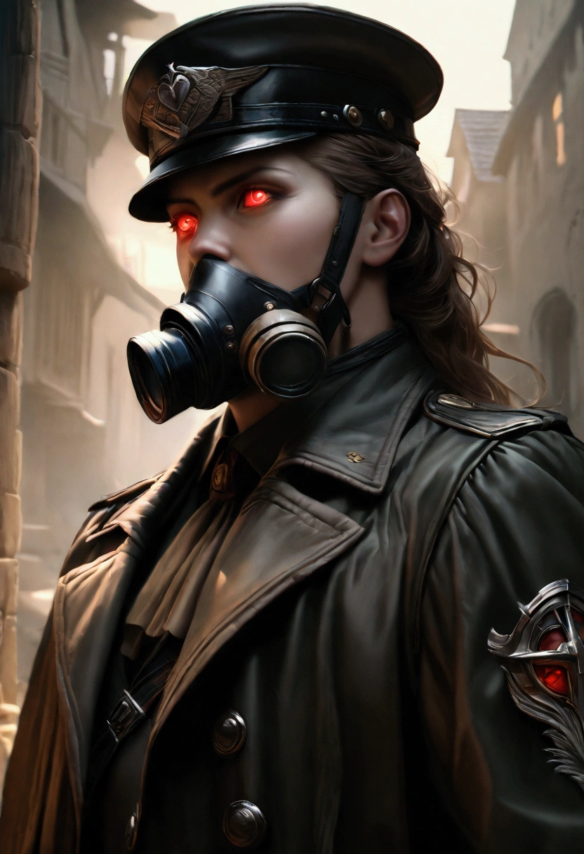 a dark steampunk officer, dark fantasy, holding a pistol, gasmask with red glowing eyes, long coat, hat, intimidating, executing villagers, german ww2 style, detailed character portrait, photorealistic, 8k, (masterpiece:1.2), ultra-detailed, (realistic:1.37), advanced lighting, cinematic composition, dramatic lighting, chiaroscuro, moody atmosphere, dramatic shadows, rich colors, muted color palette
