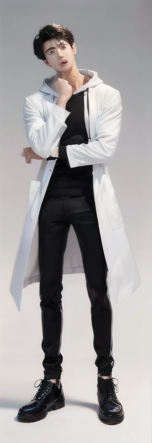 (OK Sign.:1.4),(photorealistic:1.2), (high detail face:1.3), (high detail hands:1.3), (anatomically correct hands:1.2), handsome young asian man, Japanese idol style, short clean-cut hair, ((center part)), (crisp white lab coat:1.3), ((black hoodie underneath:1.2)), (black pants:1.2), (black shoes:1.2), (enthusiastic expression:1.3), ((explain pose:1.4)), (both arms raised:1.3), (clenched fists:1.3), (energetic stance:1.2), plain white background, mid-shot portrait, full body view, high quality, detailed, 8K, (realistic skin texture:1.2), (sharp focus:1.1), (contrast between white coat and black clothing:1.2)