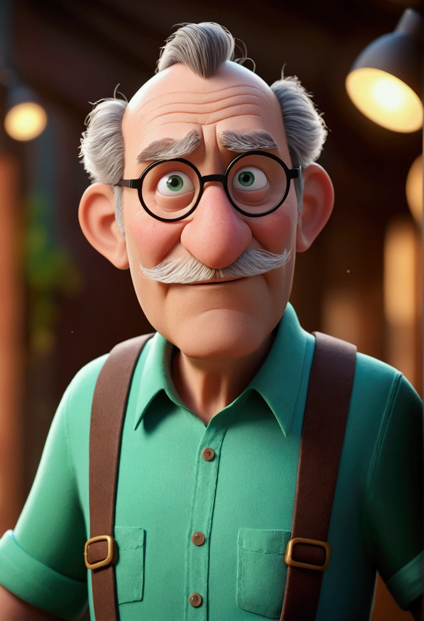 Cartoon character of an old man with white mustache, and green shirt, blue eye, fatter, Tomas Figueiredo, Carl Fredricksen, animation character, stylized character, animation style rendering, 3d stylized, Arnold Maya rendering, Stylized 3D rendering, toon render screenshot, 3d character, 3d character, Stylized 3D rendering, 3D character rendering, cartoon character, Personagem de close up, character posing, (Pixar-style) (master part:1.2) (bokeh) (best qualityer) (skin detailed) (detailed texture) (8k) (Argilla) (cinematic lighting) (sharp focus