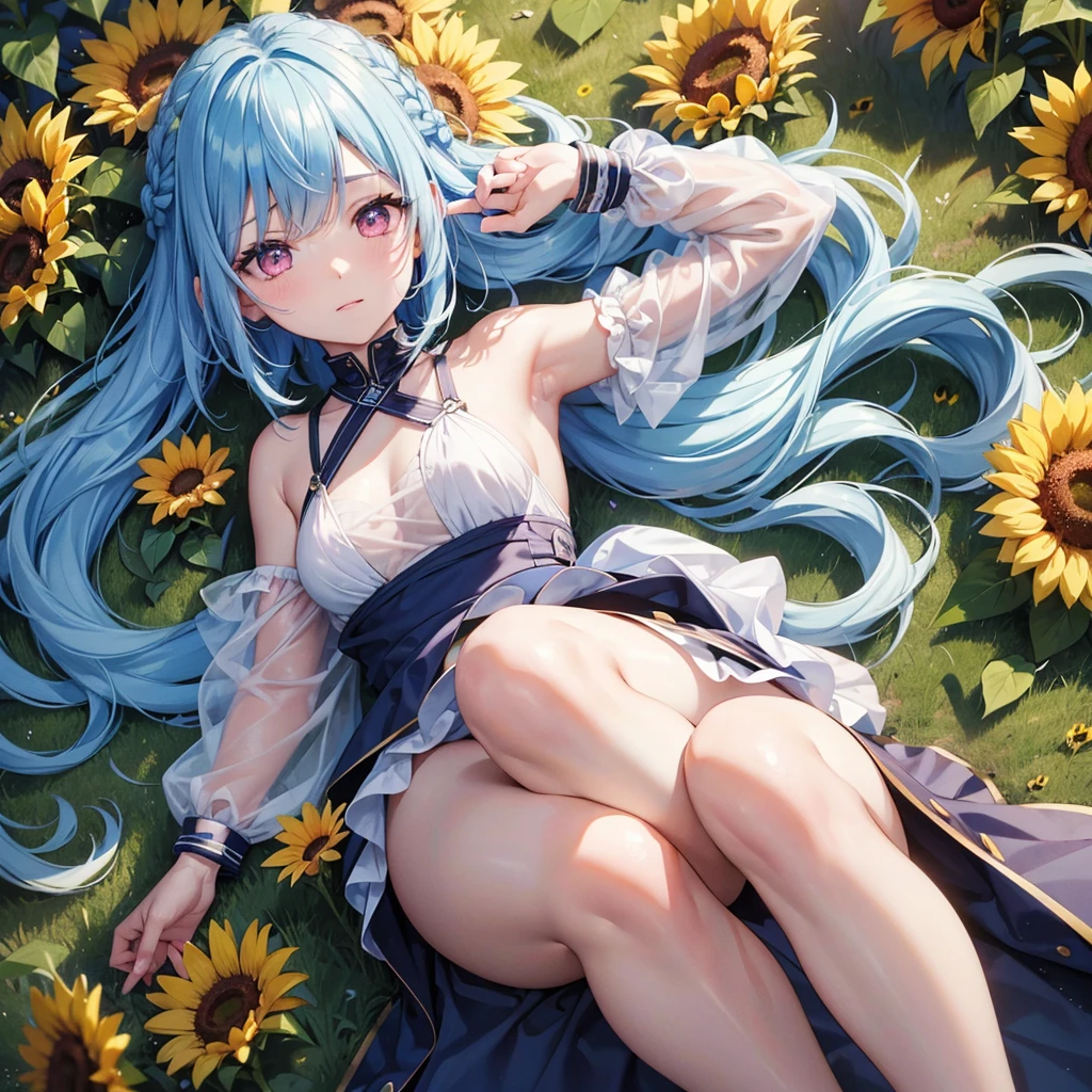 (Sky blue medium hair:1.2),(Braiding:1.2),(Pink Eyes),Fair skin ,(whole body),(One Girl),buzzer,Lying in a sunflower field、Denim dress、Straight bangs,Wipe away sweat,Wink,(masterpiece, Highest quality, Very detailed, Best Shadow), (Detailed Background), (Beautifully detailed face), High Contrast, (Best lighting, Very delicate and beautiful), ((Cinematic Light)), colorful, Hyper Detail, 8k、Dramatic Light, Intricate details,buzzerの暑い日差し,