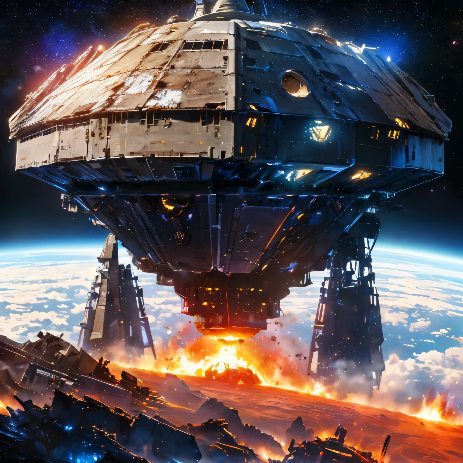 ((masterpiece)),(best quality:1.2),((ultra-detailed)),((illustration)),(depth) of (field),extremely detailed CG,(8k_wallpaper),(space:1.3),destroy,(spaceship:1.4),(war:1.5),(machinery),metal,(fire),(wreckage of spaceship:1.3),(buring),blast,insightful,deep meaning,space war,((laser)),meteor,(cannon),lost technology,fire weapon,dark theme,high quality spaceship,huge_filesize,spaceship fight,high quality blast,spacestation,, masterpiece,best quality,highly detailed,Amazing,finely detail,extremely detailed CG unity 8k wallpaper,score:>=60,, Cinematic Lighting,rim light,available light,light leaks,depth_of_field,blurry,
