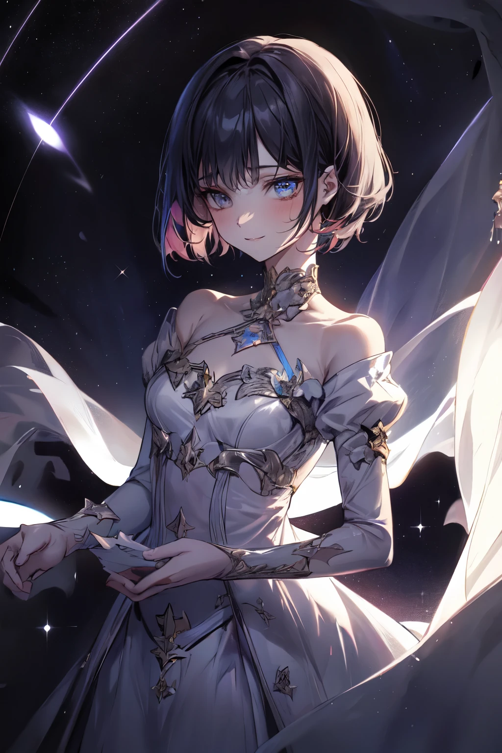 add_detail:1, starlight, stars, holding stars, glowing, space, 🌌, 1girl, young girl, curious expression, short hair, flowing hair, bangs, colorful detailed eyes
