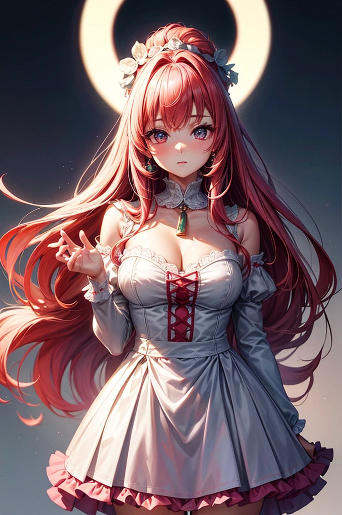 highest quality, ultra high resolution, super detailed, gorgeous, masterpiece, best quality, high resolution finely detailed, extremely beautiful, distinct image, flowing red-pink hair with white highlights, frilly off-shoulder blouse, pleated skirt, 1 girl, 21 years old, soft and cute facial features, oval shaped face, beautiful sapphire colored eyes, innocent eyes, E-cup , short height(160cm), slim thick body, narrow waist, modern times background, lightly tanned alabaster skin, hip-level shot