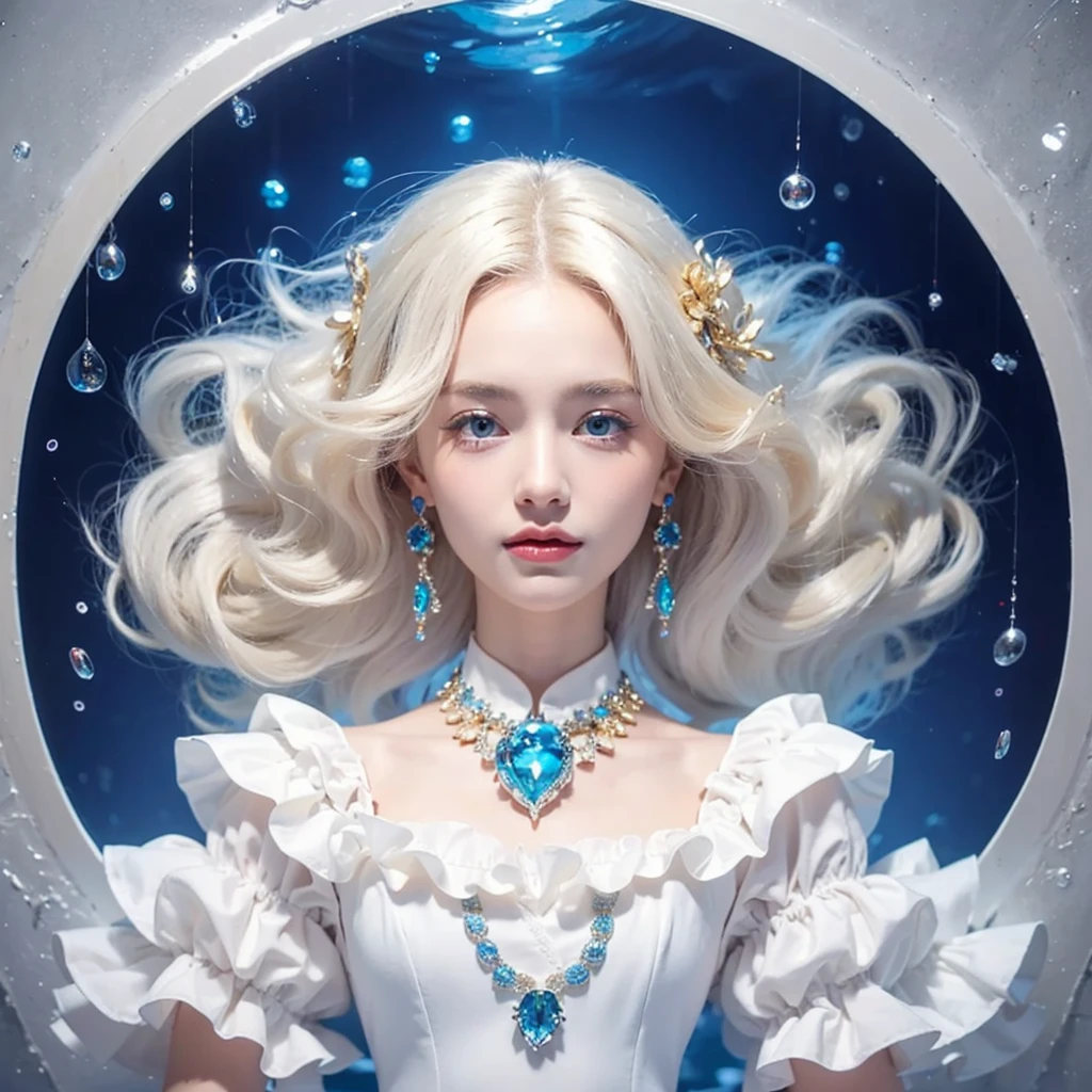 Dress in gold tuxdeo. His dark hair. He holds her above the  water. Her long blonde hair  shimmers and swirls. Her Blue eyes open. She wears a pink  mix blue, gold, white  pisatin dress.