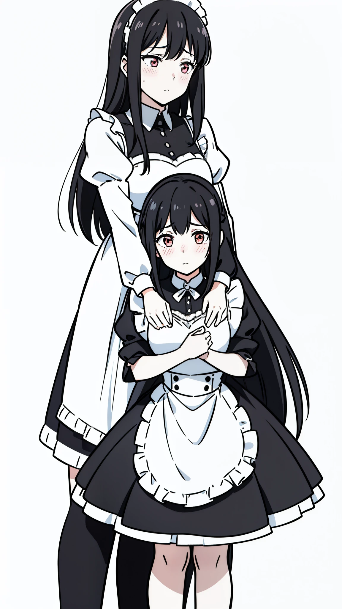 (2girl,20 years old,mature female),black hair,long hair,maid outfit,sad,blush,(white background,line drawing), HugsAI