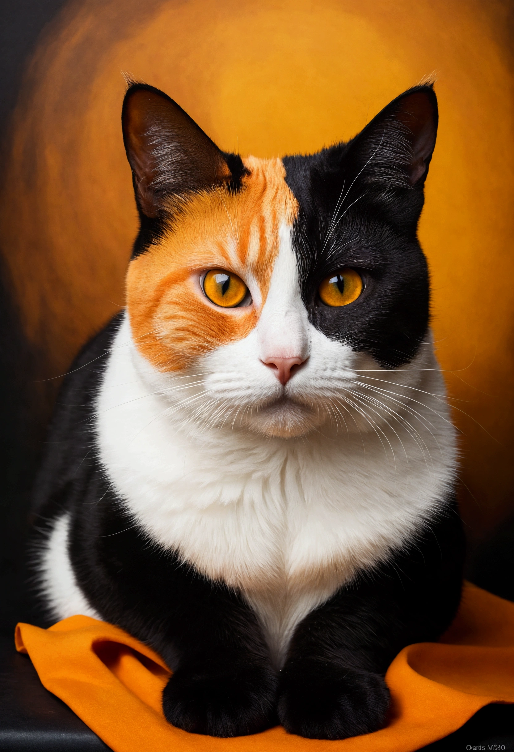 Create an image of a tricolor cat (orange, white, and black) in the style of the Mona Lisa. The cat should have black spots around its eyes, resembling a panda’s eye pattern, and its eyes should be yellow