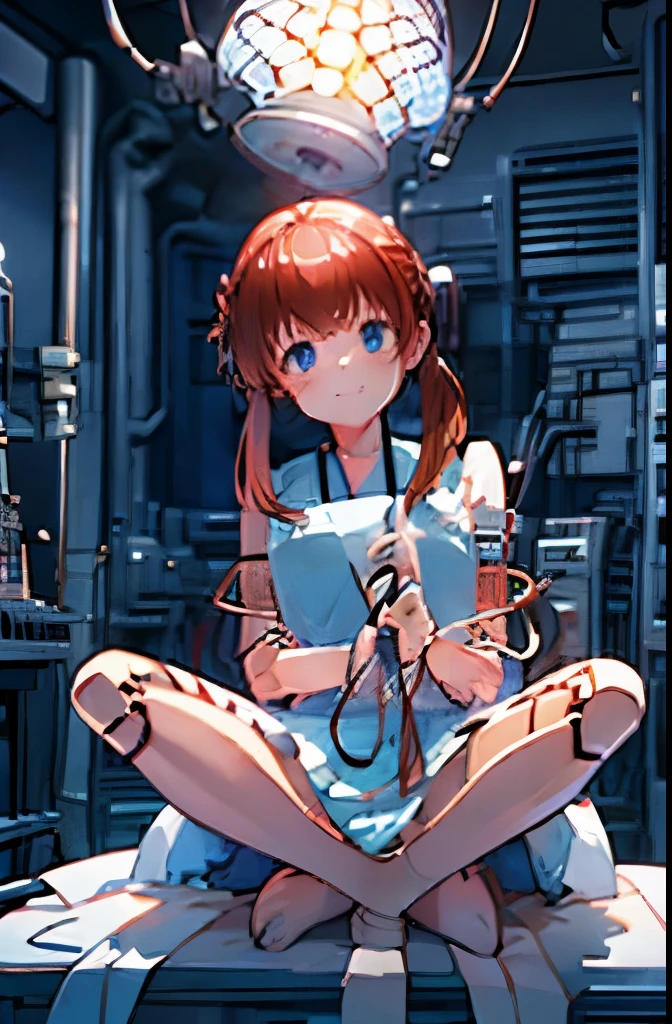 android, beautiful robot, short pigtails, brown hair, Hair tie with two big red clothespins, big smile, brown hair, middle age, joint seam, blue eyes, full body figure, Height: 160cm, Light beige micro mini dress, fluttering skirt, skirt folds, white retro swimwear, Uplifting, 2020s anime picture, ball joint, 21thcentury japan animation