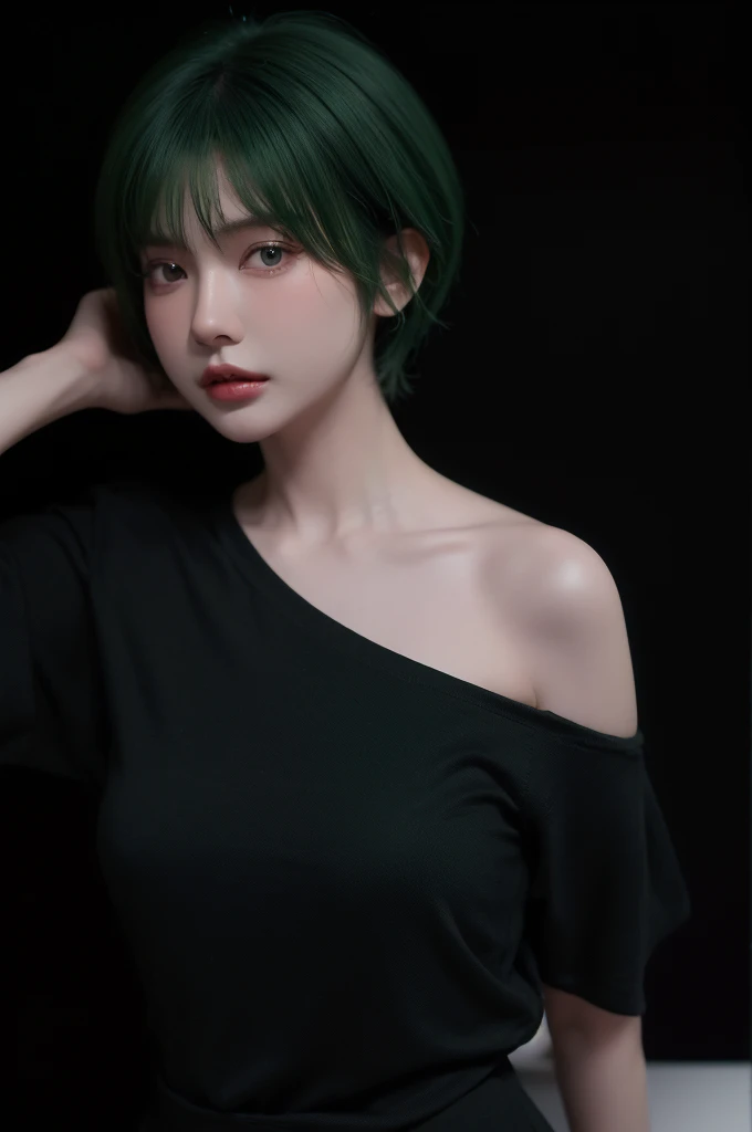 HDR, UHD,8K, face High Quality, nokiapretty, sweather, (((black background 8k))),  short hair, greenhair, from above,