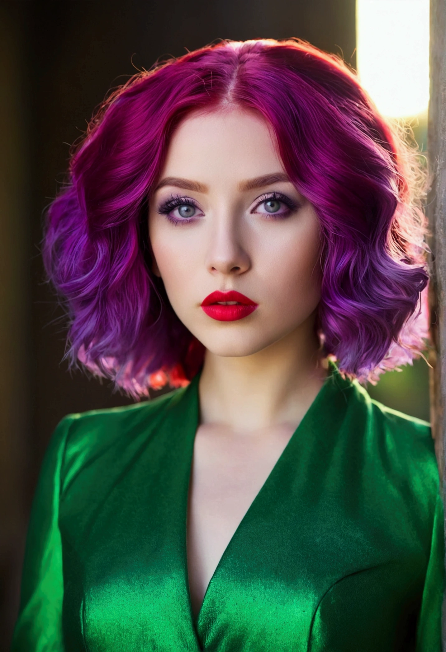 A beautiful young woman with violet hair and violet eyes , intense red lipstick in a beautiful green outfit