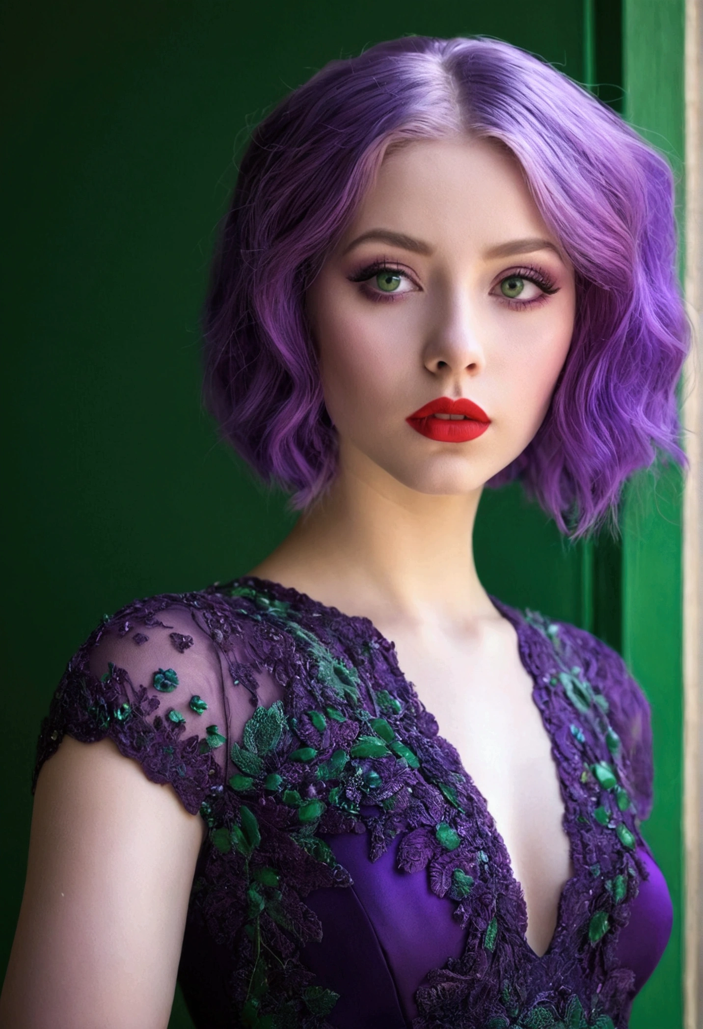 A beautiful young woman with violet hair and violet eyes , intense red lipstick in a beautiful green outfit