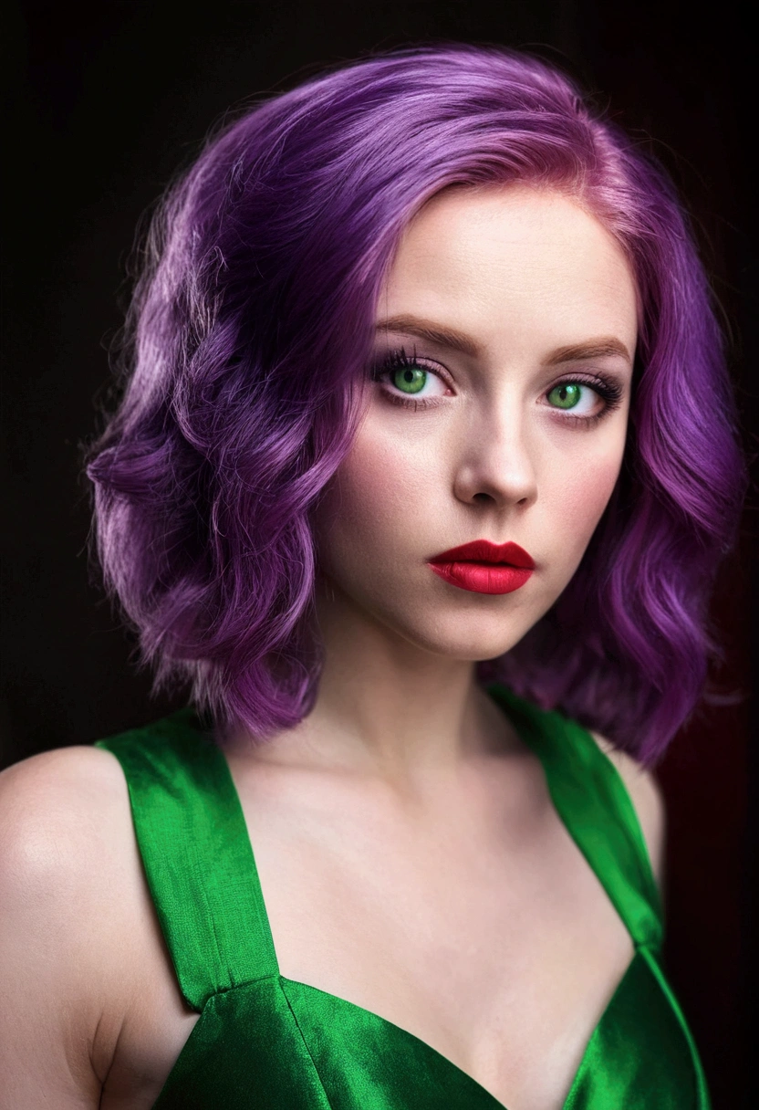 A beautiful young woman with violet hair and violet eyes , intense red lipstick in a beautiful green outfit