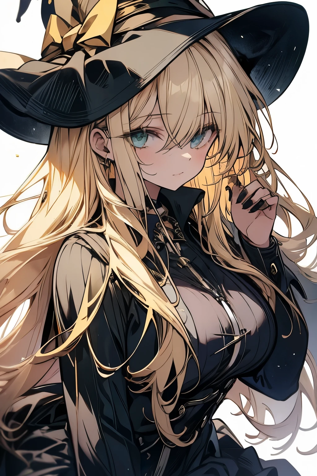 A witch with long blonde hair, green eyes and large breasts.