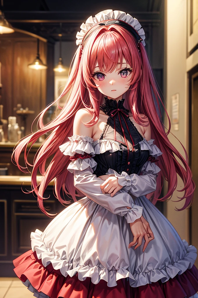 highest quality, ultra high resolution, super detailed, gorgeous, masterpiece, best quality, high resolution finely detailed, extremely beautiful, distinct image, flowing red-pink hair with white highlights, frilly off-shoulder blouse, pleated skirt, 1 woman, 21 years old, soft and cute facial features, oval shaped face, beautiful sapphire colored eyes, innocent eyes, E-cup breasts, short height(160cm), slim thick body, narrow waist, modern times background, lightly tanned alabaster skin, hip-level shot