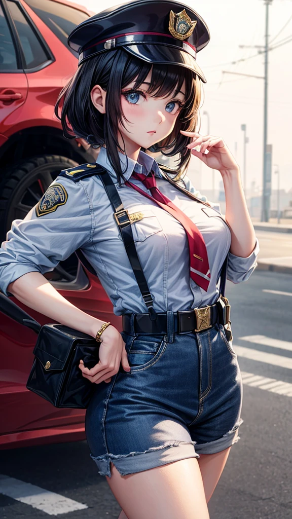 Beautiful anime girl, young, police lookbook, close up