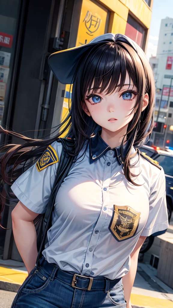 Beautiful anime girl, young, police lookbook, close up