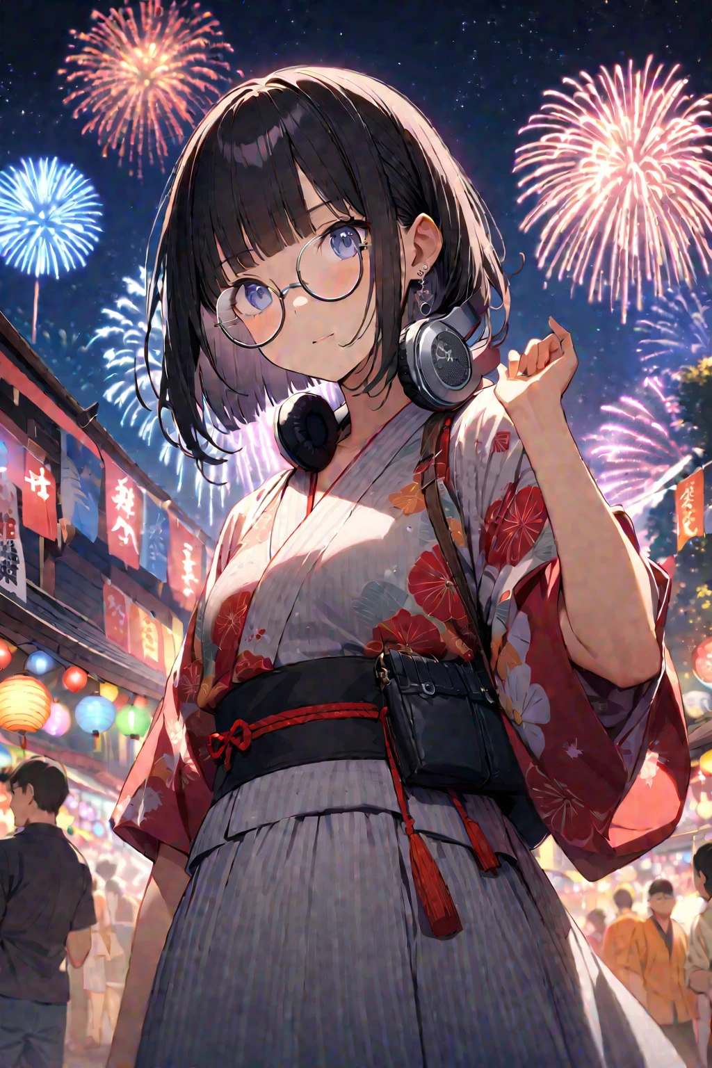 (extremely detailed fine touch:1.3), (((silver semi-rimless round eyewear:1.3))), (wear silver headphones around neck:1.0), black short hair, blunt bangs, glowing 1girl, 2.5d face, cowboy shot, yukata, earring, holding antique pouch, extremely detailed summer festival, midnight, starry sky, extremely detailed fireworks,