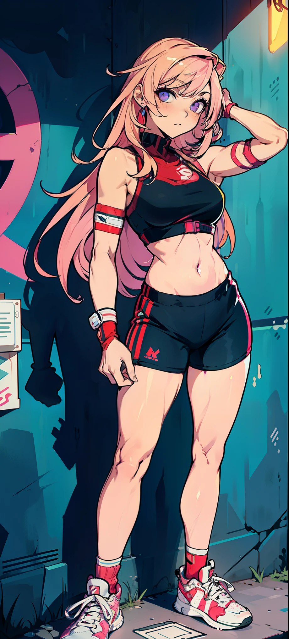 (masterpiece, best quality, 1girl, solo, intricate details, chromatic aberration), realistic, ((medium breath)),long hair, pink hair, red head ornament, pink highlights, hair over one eye,purple eyes, earrings, sharp eyes, choker, neon shirt, open jacket, crop top, (symmetry eyes),(perfect symmetrical body),against wall, brick wall, graffiti, dim lighting, alley ,look at viewer, woman at a gym, cute, front Pose, fitness girl, standing, erect Pose, symetrical, fitness model, skinny, Red sneakers, best qualityer, relaxed arms, hands down, ankle, fullbody view, stand straight with your back upright. Keep your shoulders back and maintain a straight line from your head to your feet, symmetrical frontal view, face aligned,