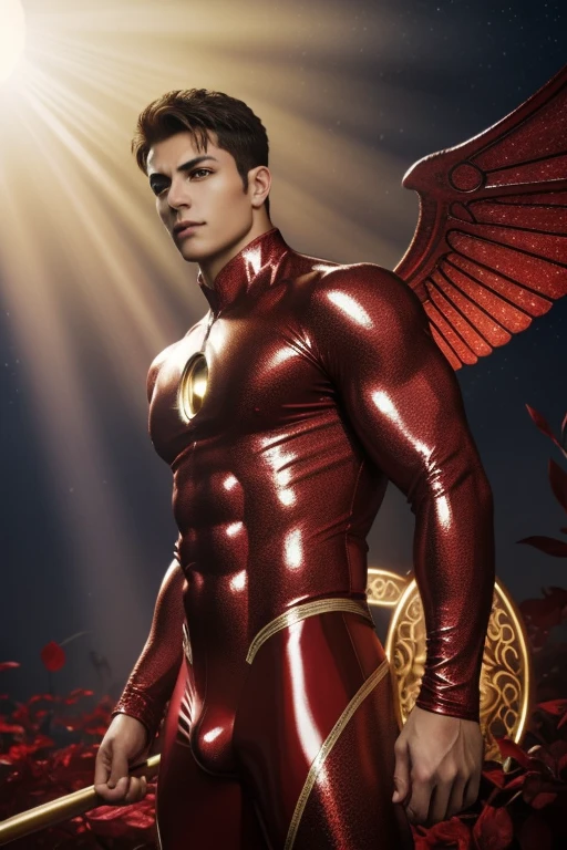 Quarter body photorealistic Handsome cerine ,super ripped abs buff body, standing in very light scarlet latex spandex  with thick filigree circle designs, with a super bulge, with big wide massive sparkling luminous metallic wings concentrated and dramatic face, dream vision, extremely realistic, perfect face, perfect eyes, masterpiece, artwork of intricate art, arts station. 4K HD, dark night . dramatic angle viewing.majestic sun as background. majestic lights and leaves and rays..