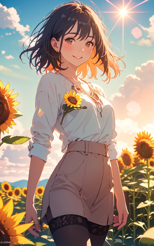 Front facing, facing this way、A more beautiful smile、More beautiful casual summer outfits、Colorful 、More beautiful thighore beautiful pink pantyhose、A more beautiful walk through a sunflower field in summer, Beautiful dark clouds, (Cowboy Shot:1.4), Beautiful and realistic, Beautiful masterpiece, Beautiful and top quality, Beautiful backlight, (Lens flare:1.1), (bloom:1.1), (chromatic aberration:1.1)