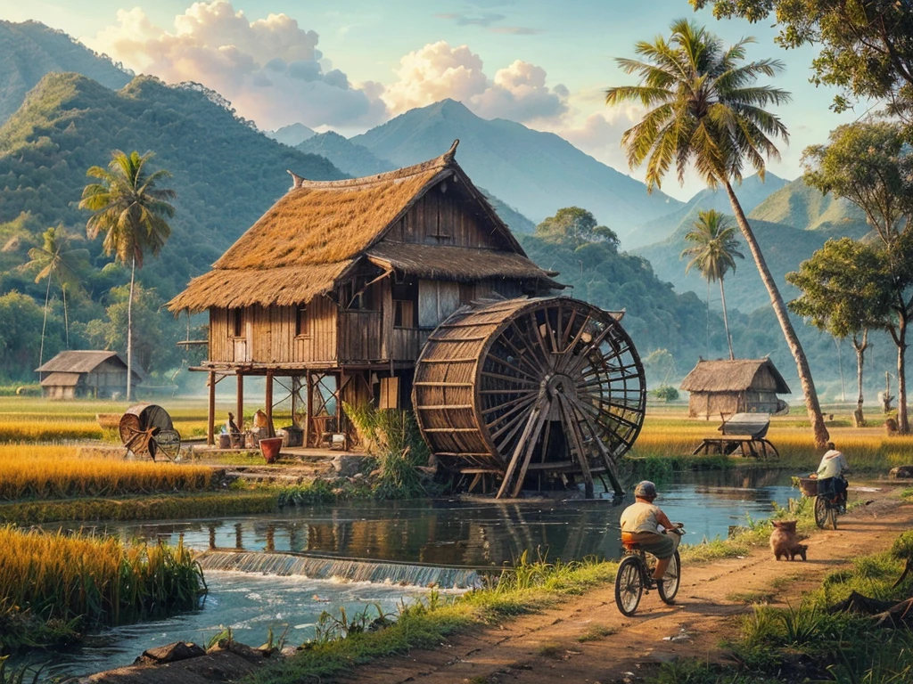 Pictures of old times, an old hut in the middle of a rice field, In front of him there was an old grandfather sitting, in front of the hut there is a small river, There were people passing by on bicycles about to go to the rice fields, background of mountains and coconut trees, the atmosphere is cool, realistic photo, high detail.cat air.