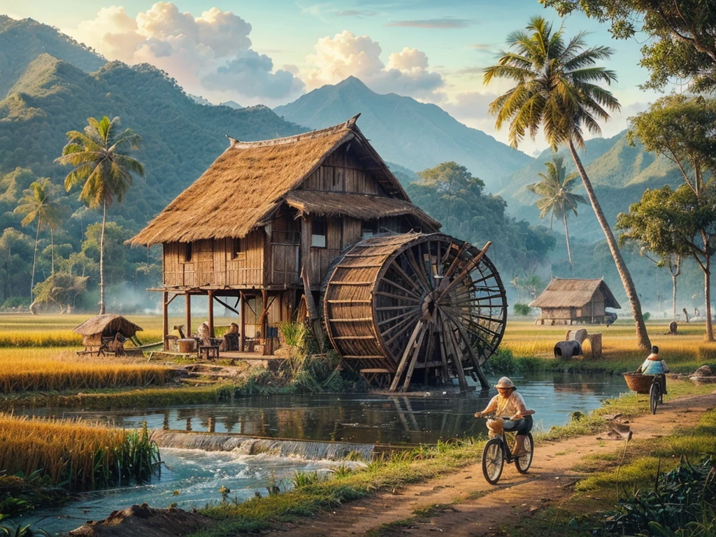 Pictures of old times, an old hut in the middle of a rice field, In front of him there was an old grandfather sitting, in front of the hut there is a small river, There were people passing by on bicycles about to go to the rice fields, background of mountains and coconut trees, the atmosphere is cool, realistic photo, high detail.cat air.