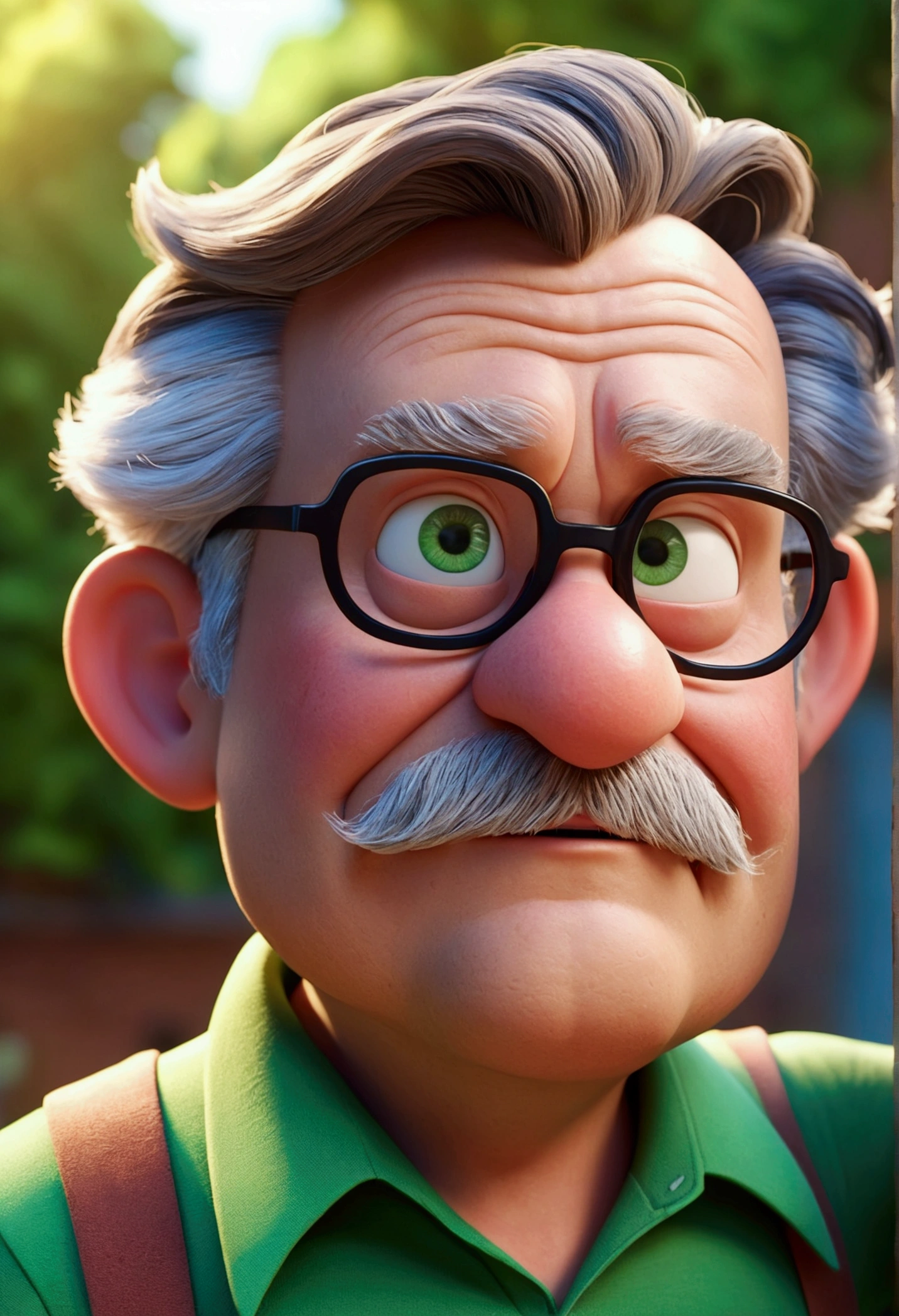Cartoon character of an old man with white mustache, and green shirt, blue eye, fatter, rosto fatter, chubby face, Tomas Figueiredo, Carl Fredricksen, animation character, stylized character, animation style rendering, 3d stylized, Arnold Maya rendering, Stylized 3D rendering, toon render screenshot, 3d character, 3d character, Stylized 3D rendering, 3D character rendering, cartoon character, Personagem de close up, character posing, (Pixar-style) (master part:1.2) (bokeh) (best qualityer) (skin detailed) (detailed texture) (8k) (Argilla) (cinematic lighting) (sharp focus