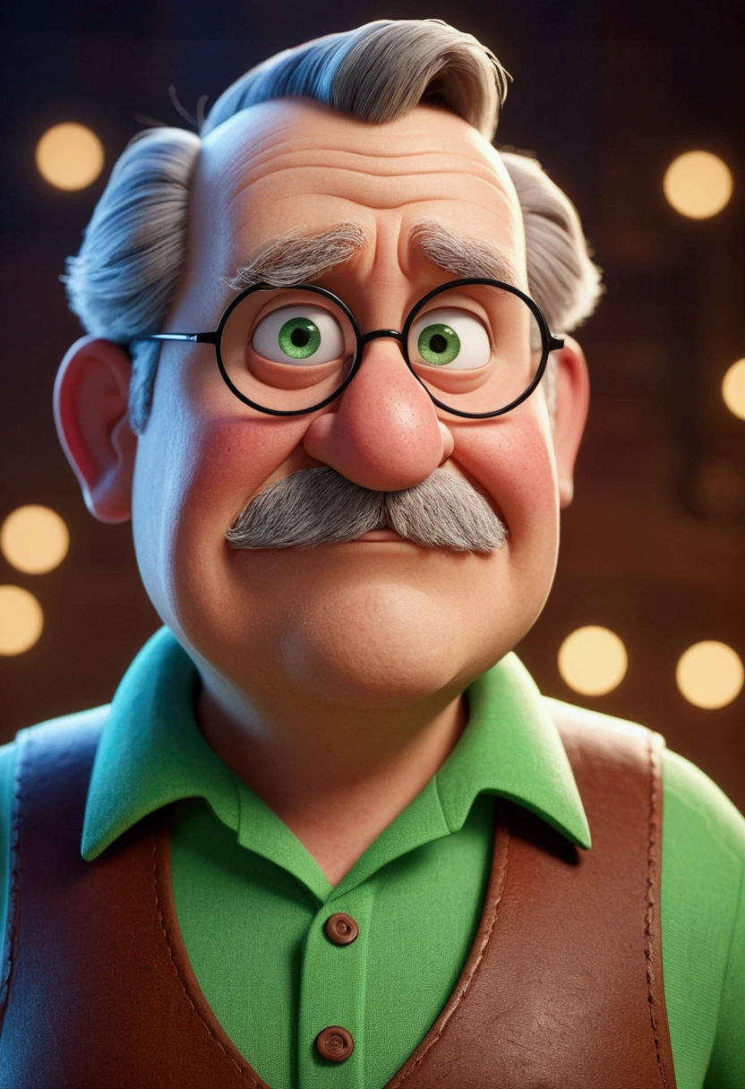 Cartoon character of an old man with white mustache, and green shirt, blue eye, fatter, rosto fatter, chubby face, Tomas Figueiredo, Carl Fredricksen, animation character, stylized character, animation style rendering, 3d stylized, Arnold Maya rendering, Stylized 3D rendering, toon render screenshot, 3d character, 3d character, Stylized 3D rendering, 3D character rendering, cartoon character, Personagem de close up, character posing, (Pixar-style) (master part:1.2) (bokeh) (best qualityer) (skin detailed) (detailed texture) (8k) (Argilla) (cinematic lighting) (sharp focus