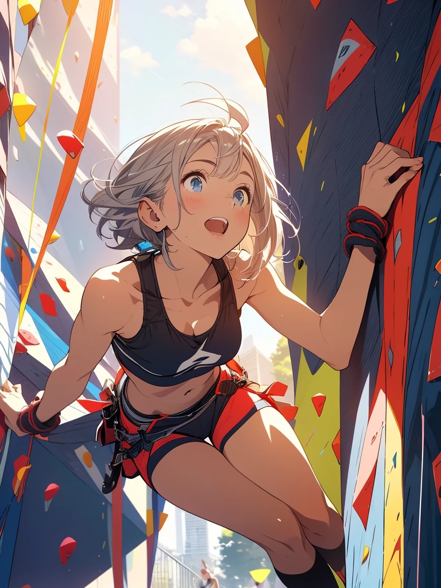sports theme,1girl, athlete body,  medium breast, cleavage,( silver short hair), disheveled hair, flipped short hair, long sidelocks, blue eyes, slanted eyes, Heavy eye shadow, flat chested, long ahoge, ( dark skin:1.2),  ( looking up:1.3), sports climbing, ( lead climbing:1.5), climbing wall, hold the climbing wall, stand on wall stance, bouldering gym, indoor, climbing shoes, wearing the climbing harness with a climbing rope on harness,  climbing rope connects from harness to the top of the wall, logo sports bra uniform, (masterpiece: 1.2), (best quality: 1.2), sharp focus, illustration, ultra-detailed, ( realistic background:1.3)