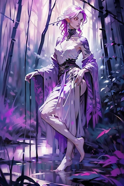 ((ultra realistic illustration:1.2)),(dark fantasy:1.4), In a mystical forest. Beautiful Elven mage. Wild (magenta hair), violet eyes, ((very pale:1.4)), beautifully fit figure, small perky breasts. (tribal war paint), long dress, bare feet .Masterpiece, (highly detailed:1.2),(detailed face and eyes:1.2), 8k wallpaper, natural lighting. core shadows, high contrast, bokeh.