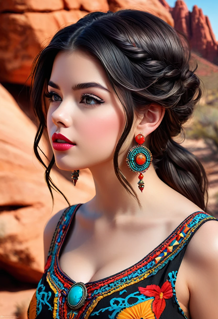 Beautiful boho women stunning merge of Masiela Lusha. with colorful southwestern style dress. colorful southwestern earing and. jewelry dark-black colored hair that is coarse, wiry, and tightly curled. It often has a rough texture, feels stiff to the touch, and may be prone to frizz and tangling. The curls can be densely packed. The Official Art – An Award-Winning Digital Masterpiece In 4K Ultra HD, Extreme Detail And Intricate Realism. symmetrical face. This Concept Art Brought To Life By The Hands Of Artists Like Wlop & Artgerm In A Stunning 2D Vector Illustration. large, perky, full, vuluptious, symmetrical and spherical breasts. Background is a beautiful panoramic vista of a red rock canyon.
