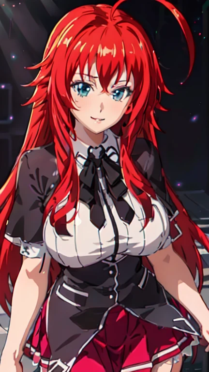 realistic, 1girl, Crimson hair, light particles, light rays, wallpaper, ((rias_gremory)) blue eyes , (masterpiece, best quality, ultra-detailed), (detailed background), high contrast, (best illumination, an extremely delicate and beautiful), ((cinematic light)), colorful, hyper detail, dramatic light, intricate details, smile, sharp face, pink lips, large breasts, french braid, (school uniform), breasts, long hair, solo, red hair, ahoge, , smile, large breasts, skirt, huge ahoge, very long hair,