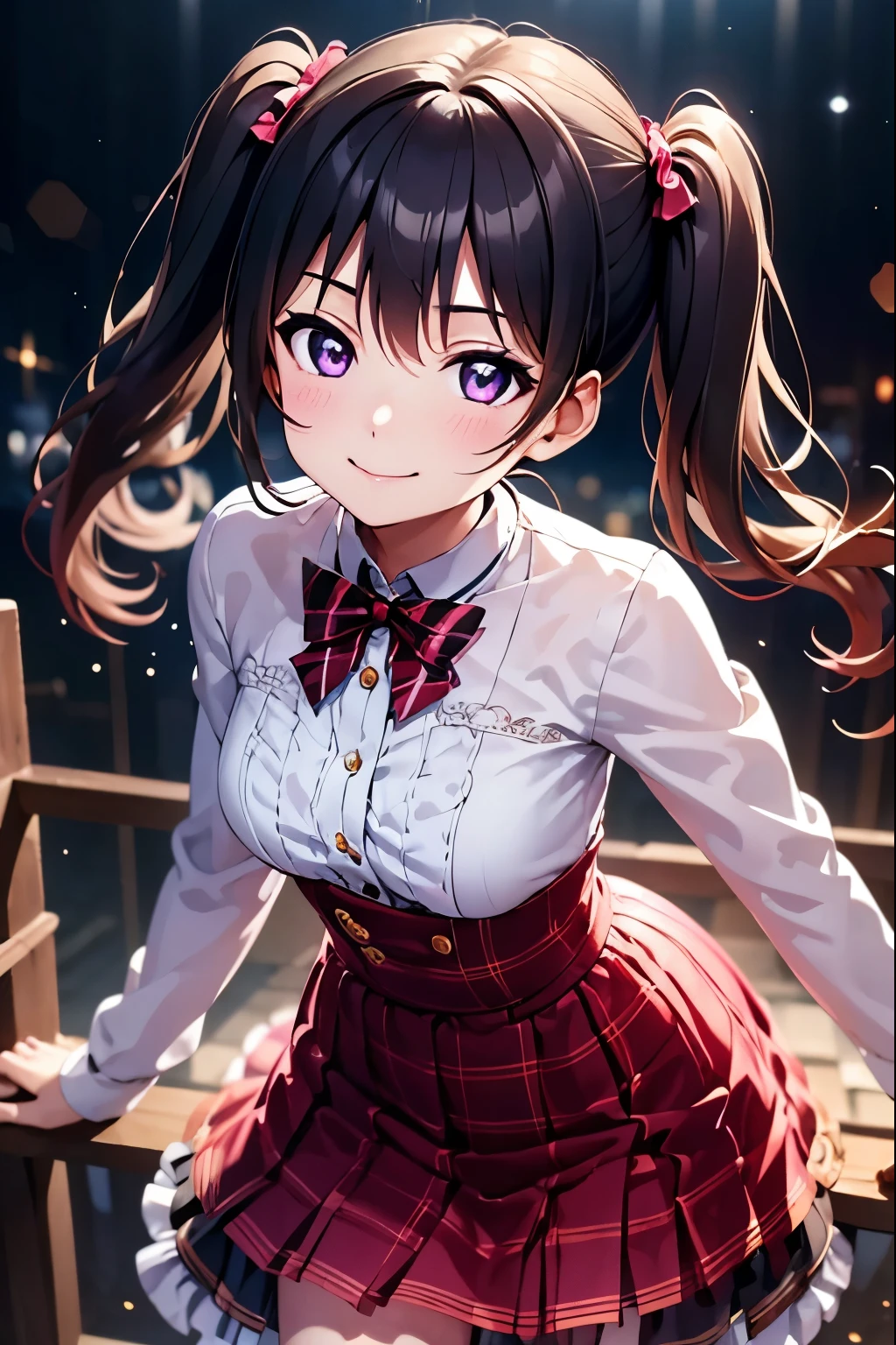 Highest quality、High resolution、Shooting from the front、niko_Yazawa、uniform, Highly detailed face、smile、Closed Mouth、Beautiful purple eyes、Twin tails、wonderful,Splendor, (Colorful1.2), wonderful写真, Dramatic lighting, Absolute reference to the center、4Ｋ，8Ｋ,(Genuine、Genuine志向、写真Genuine志向：1.10)、High resolution、超High resolution、ultra high definition paintings、whole body、Long skirt、Cowboy Shot、Long Skirt,Leaning forward