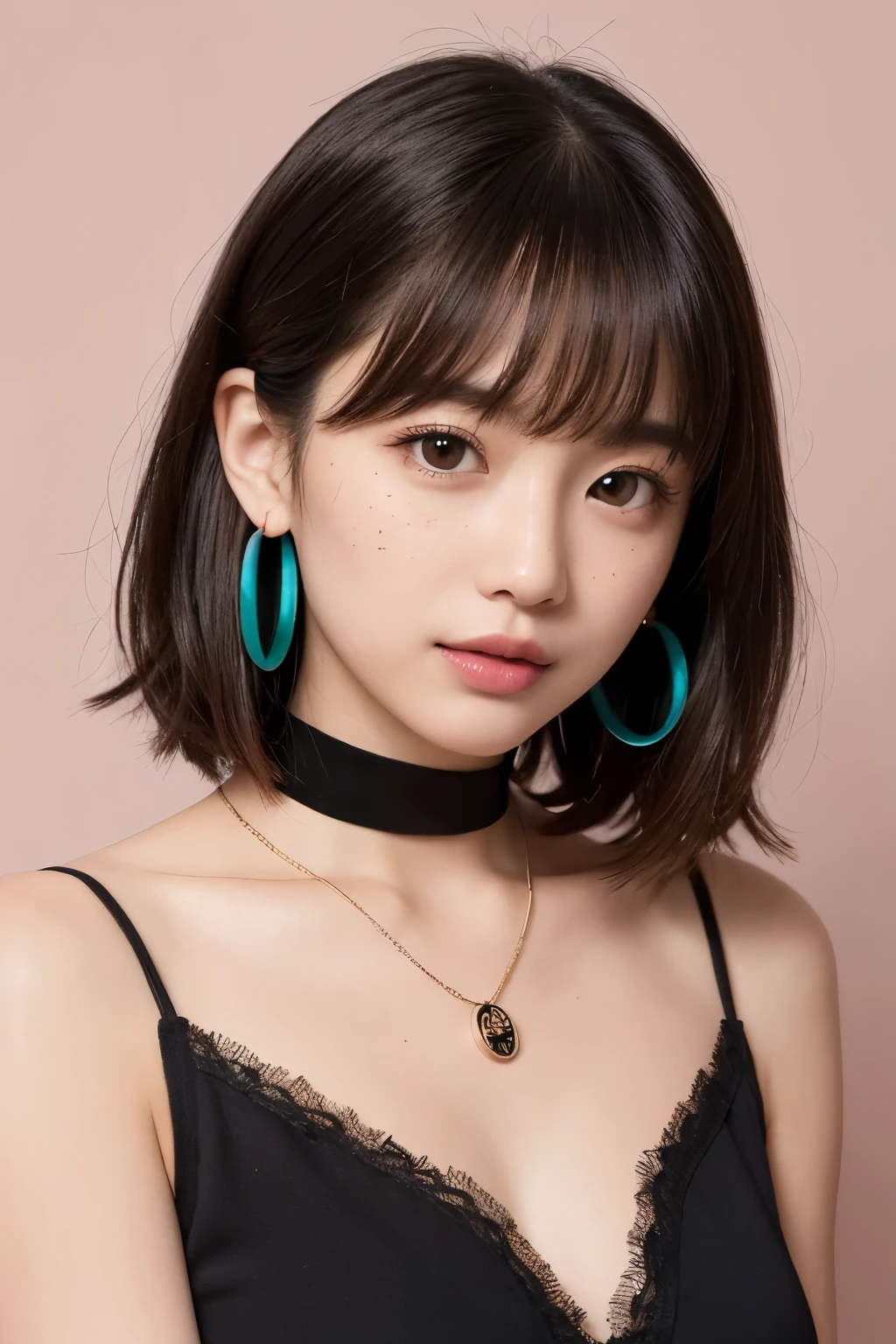 Portrait of a young woman with short black bob hair。Her straight cut bangs lightly fall over her eyebrows.、Her long eyelashes are impressive, and her deep eyes are very attractive.。Her lips are plump and naturally pink.、Neutral makeup brings out her delicate features。Her skin is brighter、I have some natural freckles。

She is a vibrant turquoise、red、yellow、She is wearing a sleeveless deep V-neck blouse made of black floral fabric.。The neckline is embellished with magenta flowers for a bold accent.。Around her neck she wears a choker with a circular pendant.、She accessorizes with small hoop earrings.。

Background is blue、Teal、redの色合いが調和した花柄で豊かに装飾されており、It matches her outfit。This setting is、Fine details and a warm, inviting color palette exude vintage elegance.。
