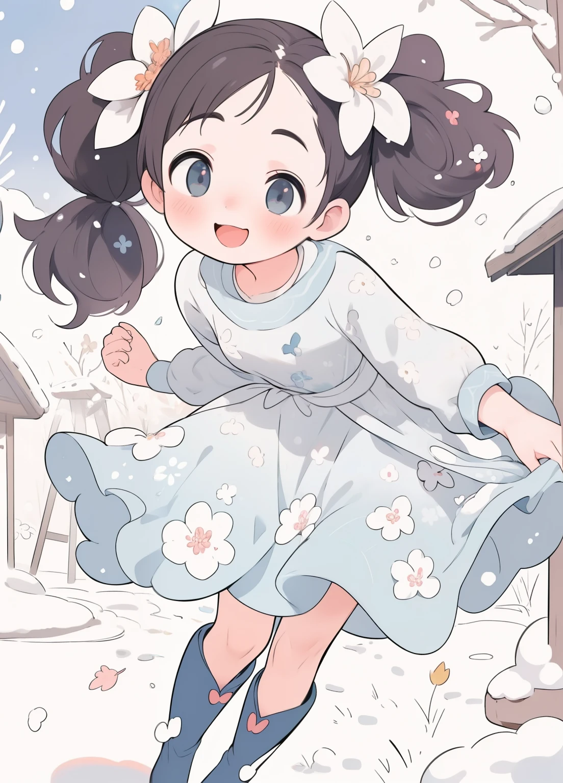 (masterpiece、Highest quality、Highest quality、Official Art、Beautiful and beautiful:1.2)、(One girl:1.3)Hatsune Miku、Twin tails,Beautiful breasts, Katsushika Hokusai,Please stand in front of the photo、One Girl,whole body,Short Bob, But long pigtails, Rainbow Hair,Knee-high boots,Open mouth and big smile、Cute pose、Flowing iridescent silk、Wearing colored tights、Close-up of face、Look up、Heart patterned contact lenses、Floral Dress、There is a flower in front of you、Snow Scene、season!!: Winters☀ 🍂