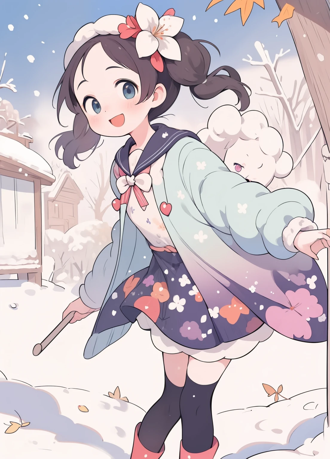 (masterpiece、Highest quality、Highest quality、Official Art、Beautiful and beautiful:1.2)、(One girl:1.3)Hatsune Miku、Twin tails,Beautiful breasts, Katsushika Hokusai,Please stand in front of the photo、One Girl,whole body,Short Bob, But long pigtails, Rainbow Hair,Knee-high boots,Open mouth and big smile、Cute pose、Flowing iridescent silk、Wearing colored tights、Close-up of face、Look up、Heart patterned contact lenses、Floral Dress、There is a flower in front of you、Snow Scene、season!!: Winters☀ 🍂