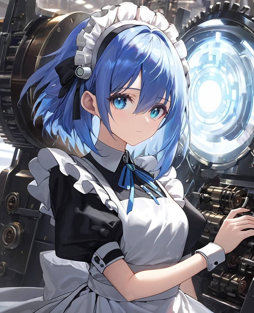 (masterpiece), Highest quality, 1 person, Android, woman, Blue Hair, Bob, Light blue eyes, Maid clothes, Machine Body, Expressionless, spirit, Fantasy, High resolution