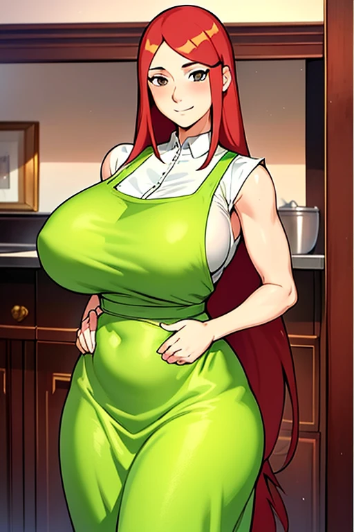 uzumaki_kushina, large_, standing, solo, kushina_green_dress, masterpiece, best quality, detailed face, detailed eyes, highres,uzumaki_kushina, large_breastsing, solo, kushina_green_dress, green apron, long apron, beige dress, long dress, tight dress, sleeveless dress, (masterpiece:1.2, best quality), (finely detailed beautiful eyes: 1.2), ((1girl)), ((solo)), (brown eyes:1.4), (finely detailed eyes and detailed face:1.3), (beautiful and clear background:1.2), (extremely detailed CG, ultra-detailed, best shadow:1.1), ((depth of field)), ((watercolor)), large breasts, flowepetals, beautiful concept illustration, (white background:0.5), (illustration:1.1), (extremely fine and beautiful:1.1), (perfect details:1.1), looking at viewer, smile, happy, blush, red hair, long hair, massive breasts, wide hips, tighs, indoors, kitchen, hard ,