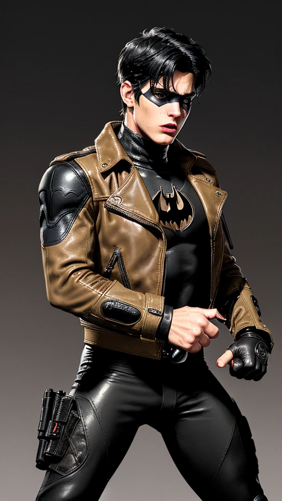 ((American comic hero)),,((jason todd)),((young cute and cool ikemen boy)),((black hair)),((very cool guy)), ((face is no paint and no mask)),,his age is early 20s, thin eyebrows and beady eyes, ((he is wearing light beige color thick leather jacket)),((jacket is single-brest and no hood)),((leather jacket is long sleeve)),((jacket sleeves color is beige too)), ((jacket color is beige only,no other colors)),((inner wear is black color and thick turtleneck tactical vest)),((chest area on a red color batman illustration)), ((tight dark gray color leather pants)),((put on black color and full finger tactical combat leather glove on both hands)),,((black color middle length leather boots)),((Japanese style character)),((must put on a leather full finger tactical combat glove)),((cool atmosphere))