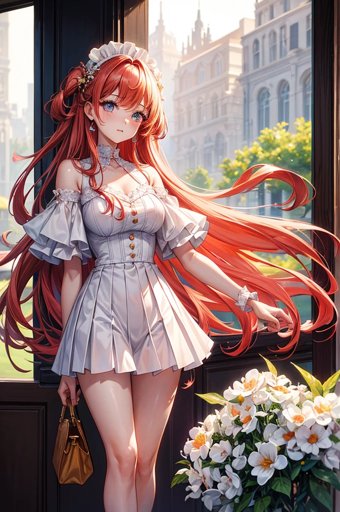 highest quality, ultra high resolution, super detailed, gorgeous, masterpiece, best quality, high resolution finely detailed, extremely beautiful, distinct image, flowing peach-red hair with white highlights, frilly off-shoulder blouse, pleated skirt, ung woman, 21 years old, soft and cute facial features, oval shaped face, beautiful sapphire colored eyes, innocent eyes, E-cup breasts, short height(160cm), slim thick body, narrow waist, modern times background, lightly tanned alabaster skin, hip-level shot