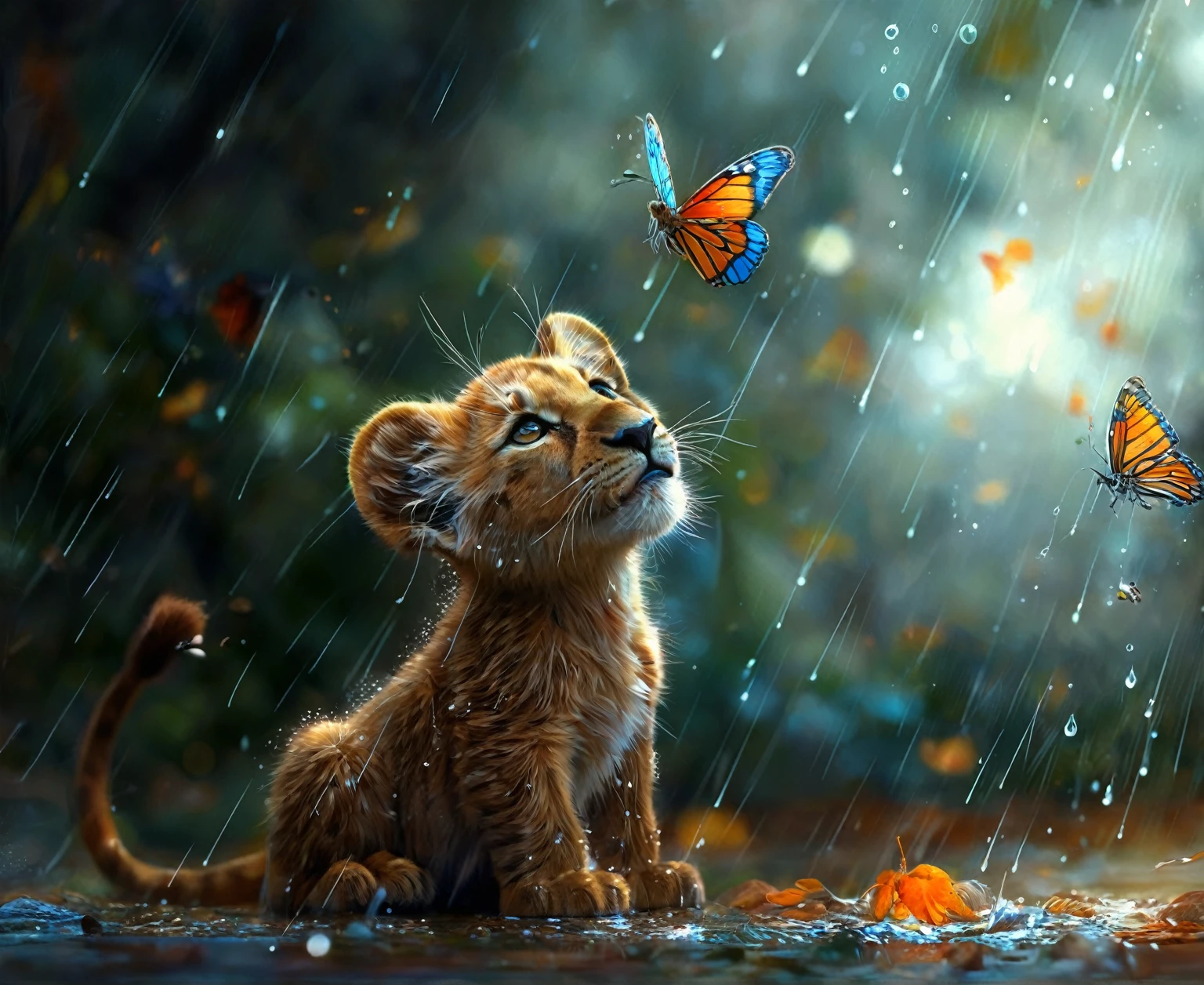 there is a little lion cub sitting in the rain with butterflies flying around, Adorable digital painting, beautiful artwork digital, beautiful digital art detallado, Highly detailed 4k digital art, beautiful digital painting, very detailed digital painting, beautiful digital art, very detailed digital painting, Beautiful work of art, ultra realistic 3d illustration, beautiful artwork, realistic illustration, impressive work of art, amazing art