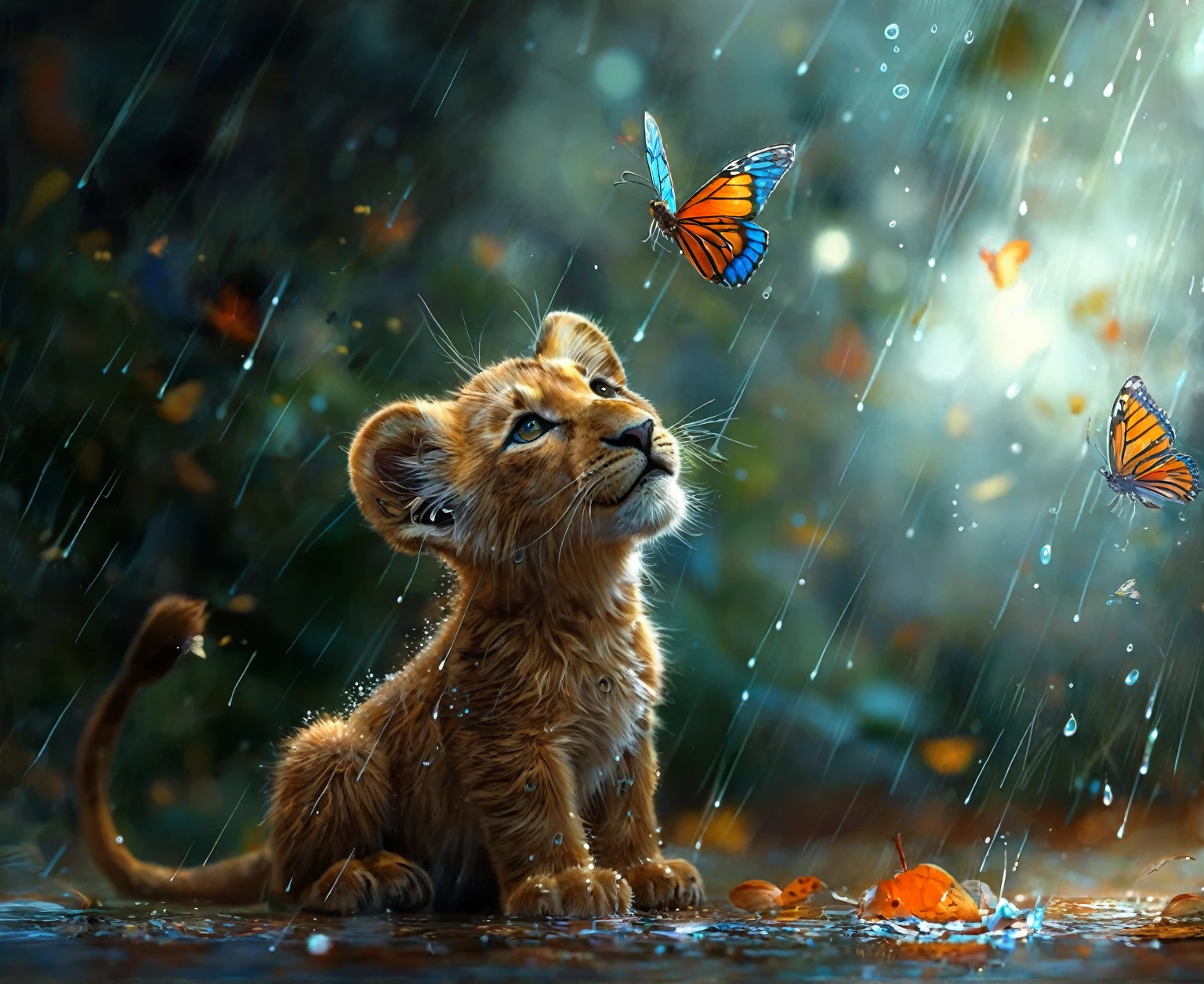 there is a little lion cub sitting in the rain with butterflies flying around, Adorable digital painting, beautiful artwork digital, beautiful digital art detallado, Highly detailed 4k digital art, beautiful digital painting, very detailed digital painting, beautiful digital art, very detailed digital painting, Beautiful work of art, ultra realistic 3d illustration, beautiful artwork, realistic illustration, impressive work of art, amazing art