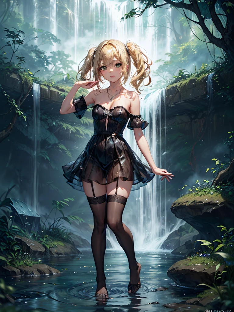 ((Biologically correct limb count)),(( From head to toe,Full-body photo including face)),4K,((Standing position)),masterpiece,((Focus on the face)),((Symmetrical facial features)),Eyes with detailed description,Beautiful woman,Great style,Beautiful arms,Beautiful legs,Beautiful Hands,(Small Ass,Thin thighs,(Black Stockings)),Detailed depiction of the face,Small earrings,necklace,(Black dress,((evening,Kneel、waterfall、Dancing in the water、splashes rise)),((Blonde)),Focus on the face,Dripping Water,The mist creates a fantastic atmosphere,(See-through clothing)