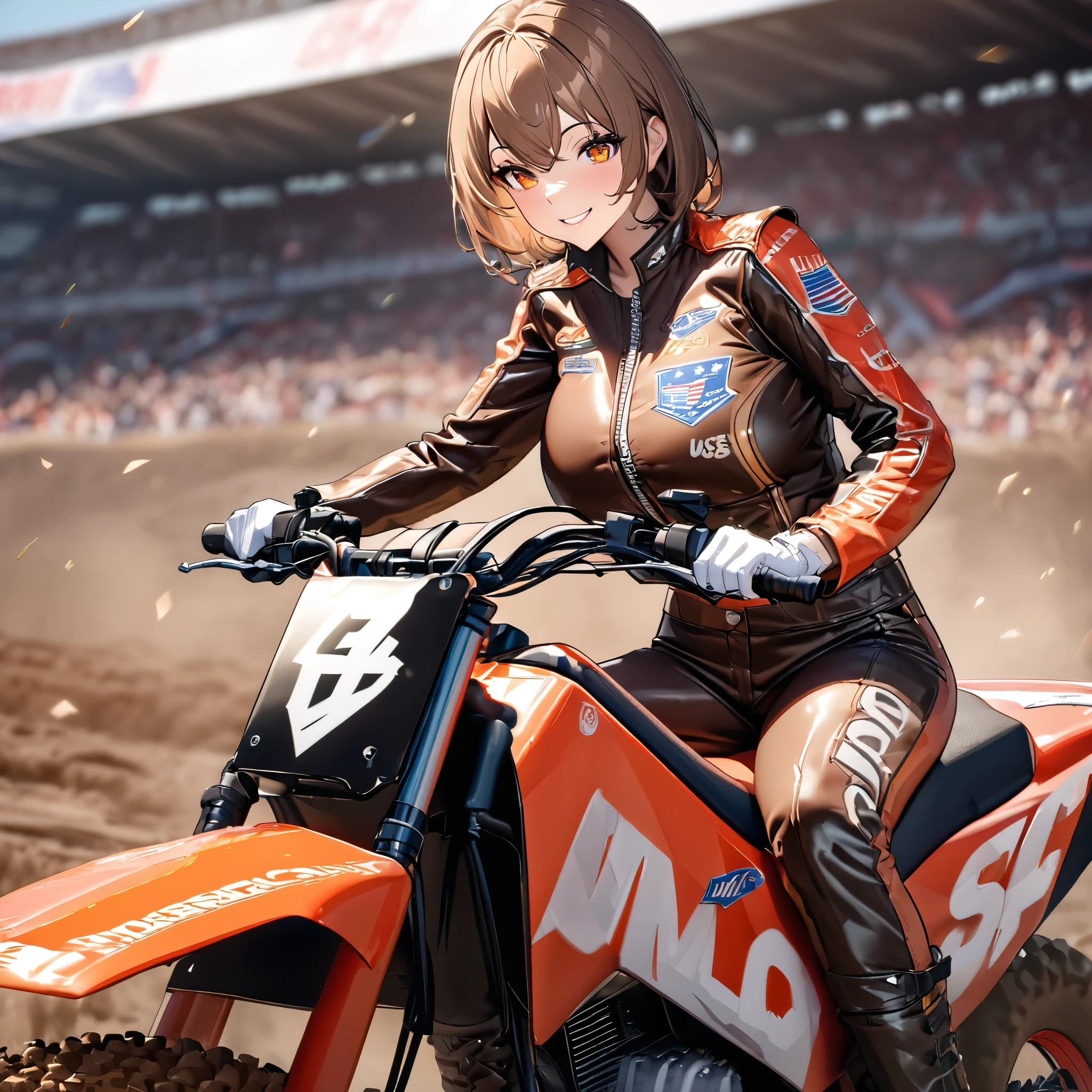 A woman wearing a leather motocross uniform, brown uniform with black details, wearing a motocross helmet, orange eyes, brown hair, big breasts, black leather boots, United States coat of arms on her arm, white gloves, smiles, riding a motocross bike, mud track,UHD , prime work , accurate , anatomically correct , textured skin , super details , high quality , best quality, 8k, high resolution, bokeh effect.