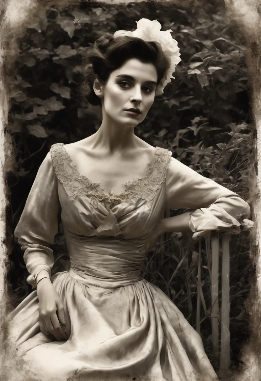 Create a portrait, old picture of a women lady in a silk dress, with a dead garden background in the style of John Singer Sargent, horror, desaturated