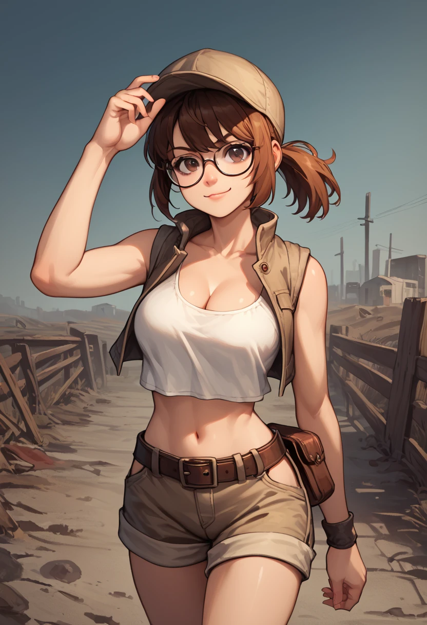 score_9, score_8_up, score_7_up, source_anime, fiogermi,fio germi, brown hair, glasses, medium hair, ponytail, brown eyes, crop top, hat, jacket, knee pads, shorts, sleeveless, navel, belt, outdoors, wasteland, standing , smug , cleavage, looking at viewer, dynamic pose , dutch angle, solo,