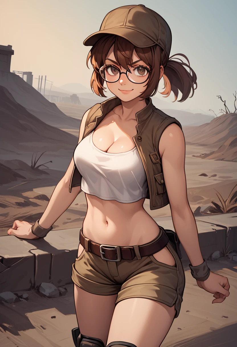 score_9, score_8_up, score_7_up, source_anime, fiogermi,fio germi, brown hair, glasses, medium hair, ponytail, brown eyes, crop top, hat, jacket, knee pads, shorts, sleeveless, navel, belt, outdoors, wasteland, standing , smug , cleavage, looking at viewer, dynamic pose , dutch angle, solo,