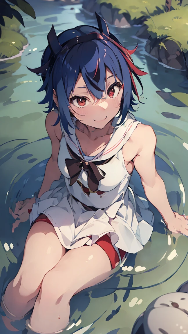 masterpiece, Highest quality, High resolution, Very detailed,(((Mikoto Naruka))), (((smile)))、(((floating in the water。))), Wearing a white dress。, Bubble。